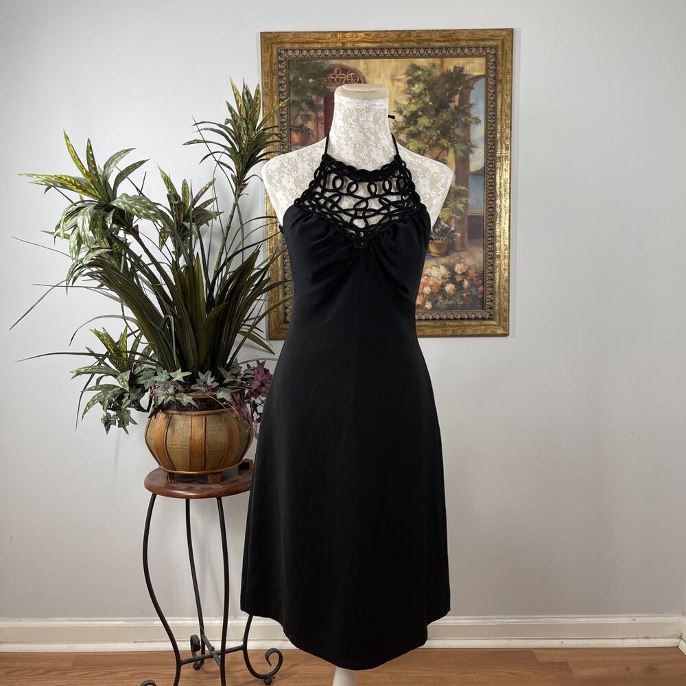 Metrostyle Black Halter Midi Dress Size 4 Beaded Neck Formal Cocktail Party